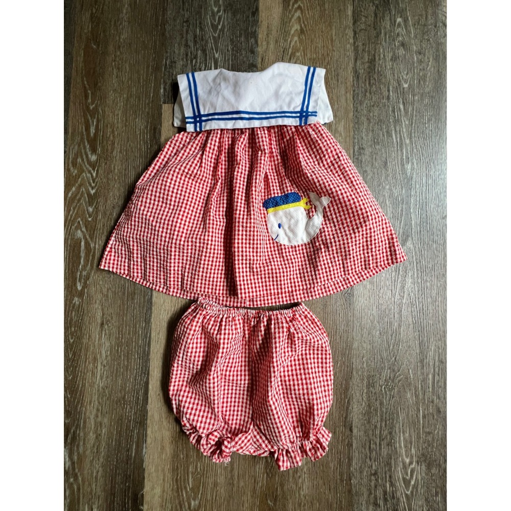 Samara Sailor Dress Set Kids Size 24 Red Gingham Whale Nautical Bloomers